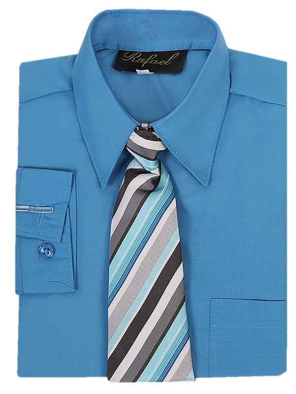 Rafael Big Boys Blue Long Sleeve Dress Shirt Striped Tie Set 7-20 - SophiasStyle.com